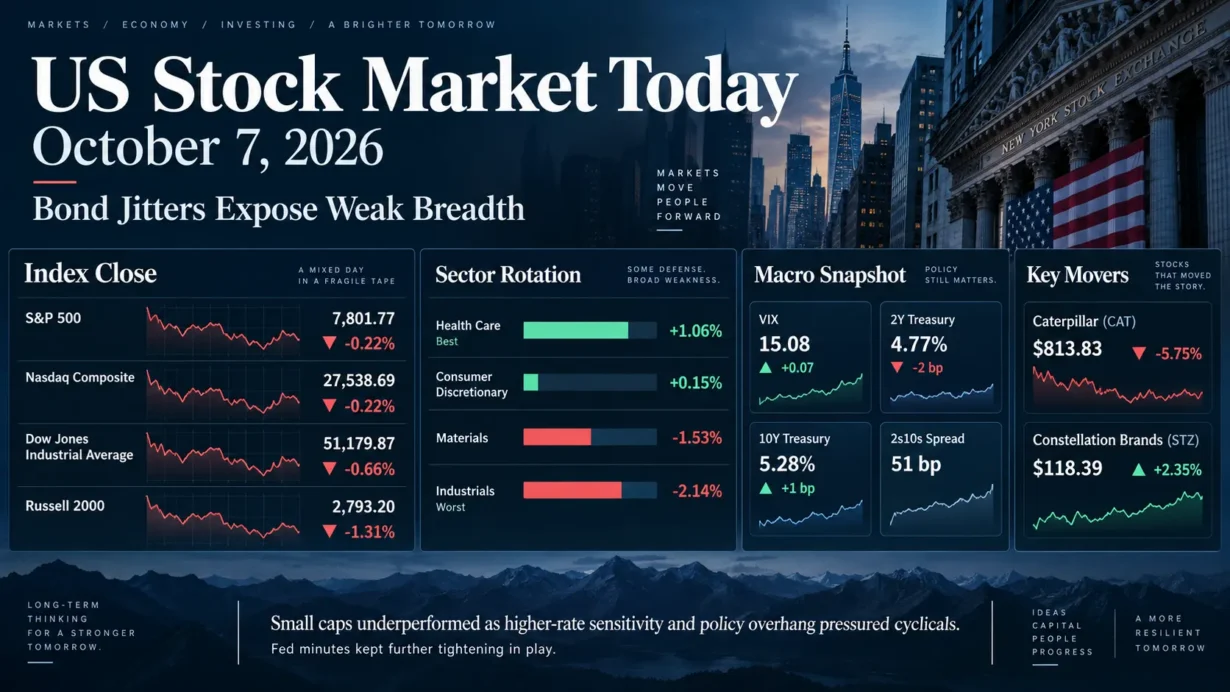 US stock market review for October 7, 2026, covering sector rotation, Treasury yields, and market breadth.