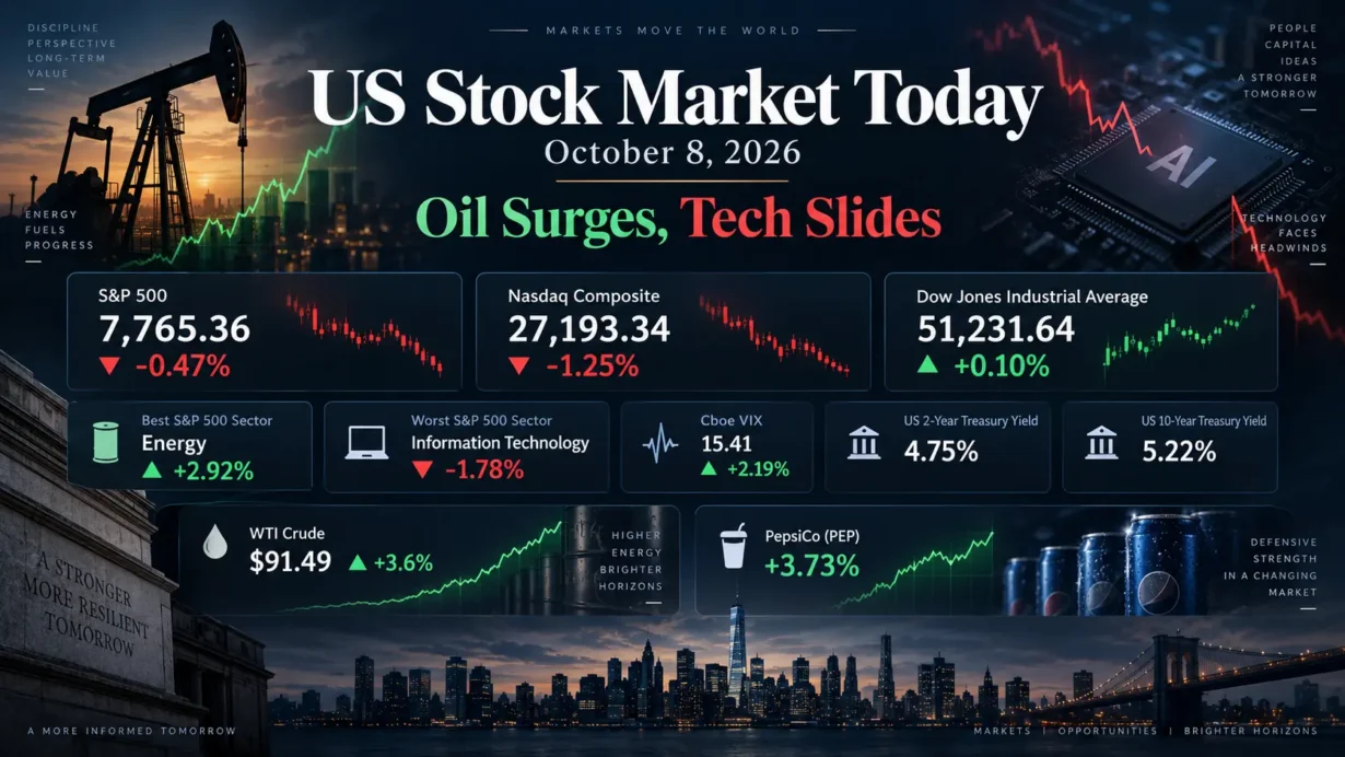 US stock market recap for October 8, 2026, covering technology losses, energy leadership and Treasury yields