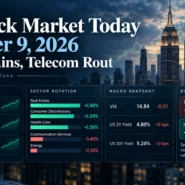 October 9, 2026 U.S. stock market close showing gains in major indexes and a sharp divergence between telecom carriers and real estate stocks