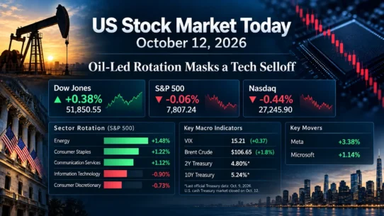 US stock market October 12 2026: Dow rises while Nasdaq falls as energy outperforms technology