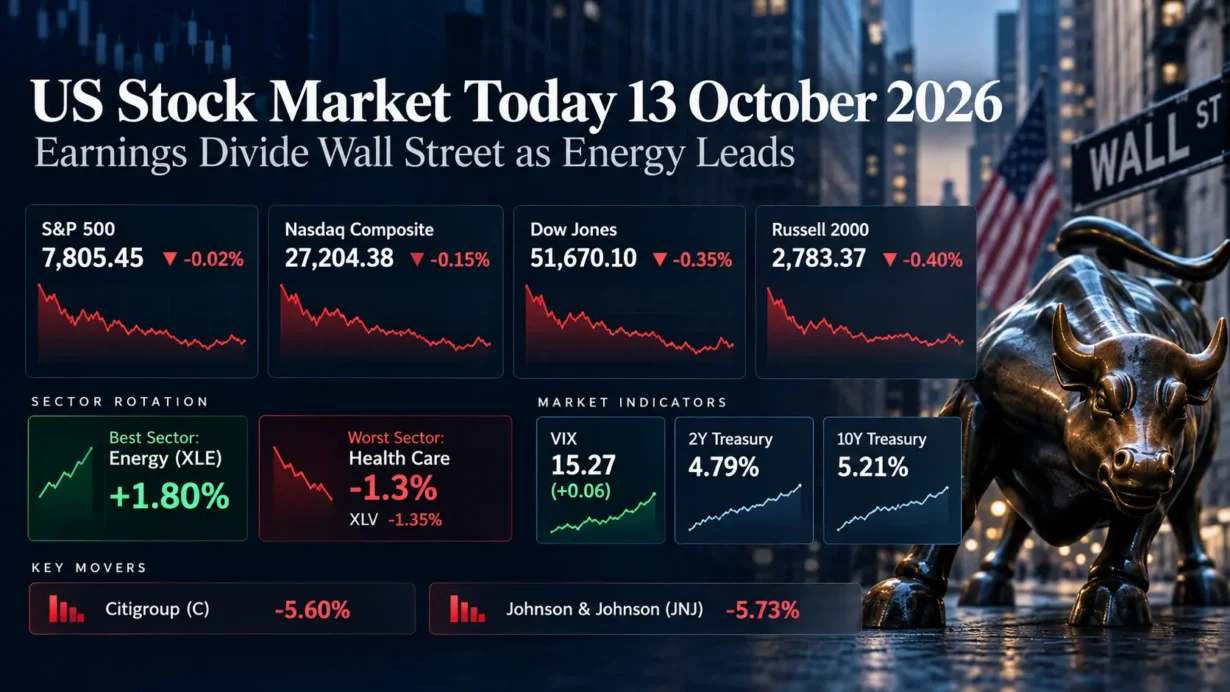 October 13, 2026 U.S. stock market close showing energy strength, health care weakness, and sector rotation