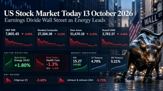 October 13, 2026 U.S. stock market close showing energy strength, health care weakness, and sector rotation