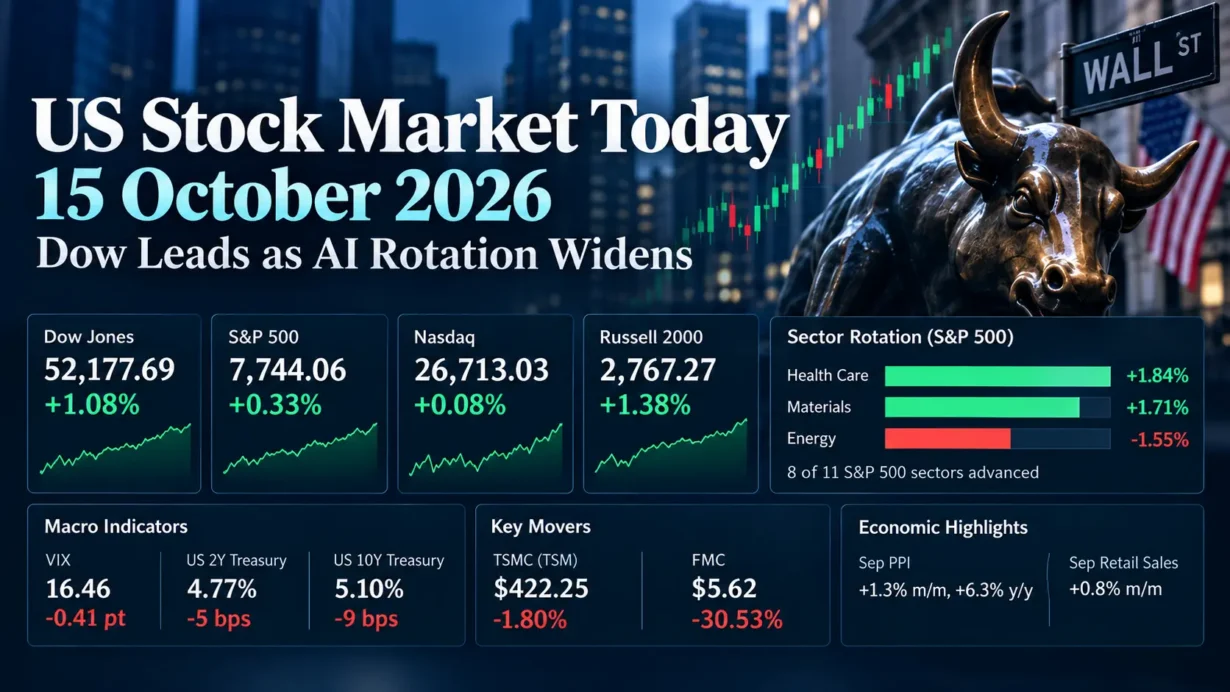 October 15, 2026 US stock market wrap showing Dow leadership, healthcare gains and AI sector rotation