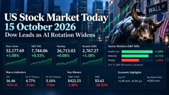 October 15, 2026 US stock market wrap showing Dow leadership, healthcare gains and AI sector rotation