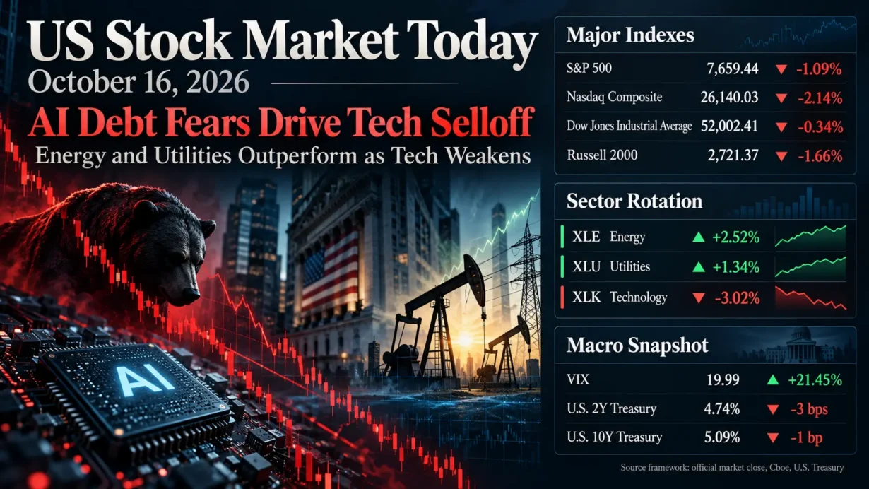 US stock market close on October 16, 2026, with technology shares lagging energy and utilities