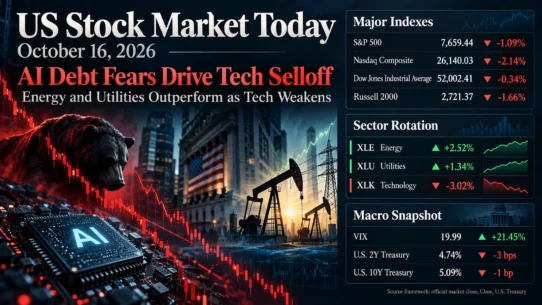US stock market close on October 16, 2026, with technology shares lagging energy and utilities
