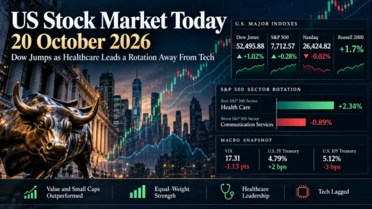 US Stock Market Today 20 October 2026 showing Dow strength, healthcare leadership and Nasdaq weakness