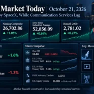 U.S. stocks rise October 21, 2026, with the Nasdaq leading as technology outperforms and communication services declines