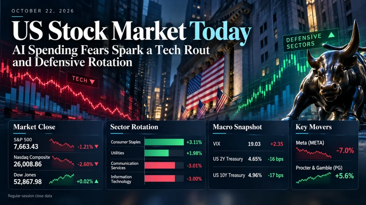 October 22, 2026 US market close showing Nasdaq losses and relative strength in defensive sectors
