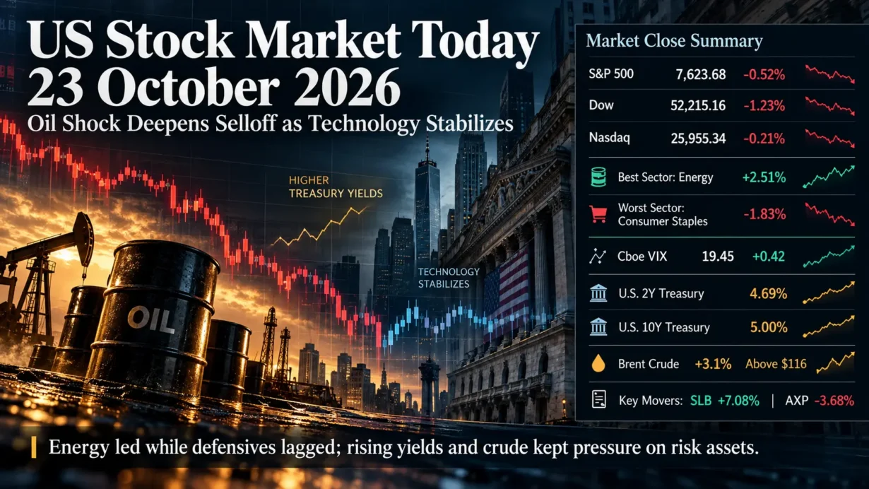 October 23, 2026 US stock market close showing falling indexes, rising energy stocks and Treasury yields