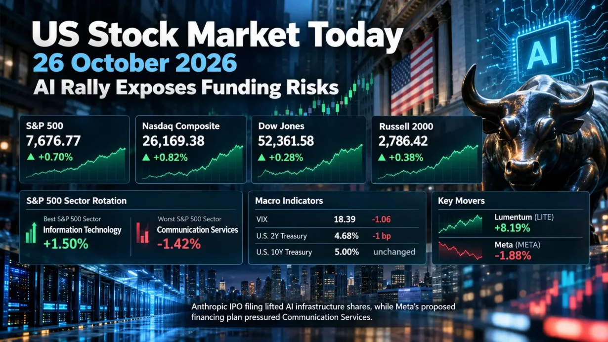 U.S. market close October 26, 2026: technology leads as Meta financing pressures communication services