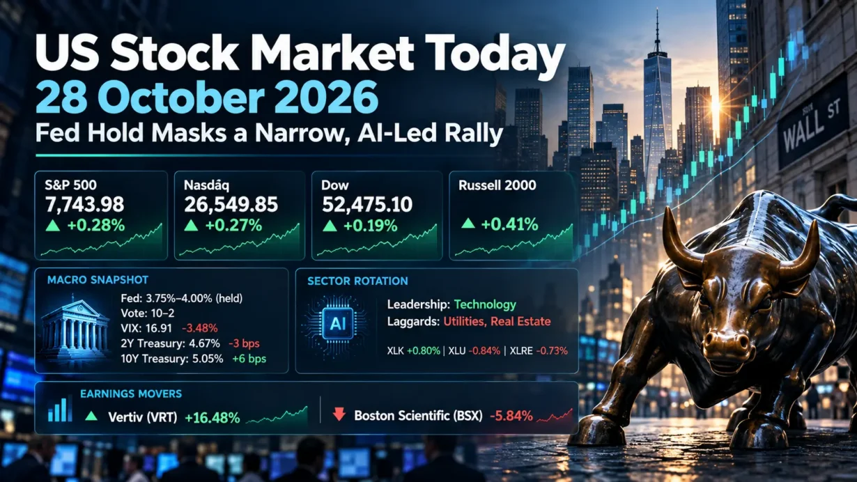 US stock market closing analysis for October 28, 2026, highlighting the Federal Reserve decision, AI-led sector rotation and Treasury yields