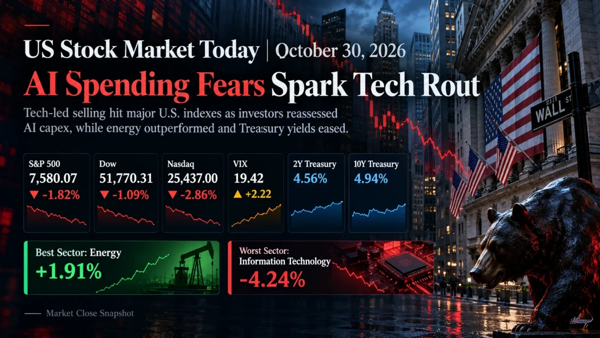 US stock market October 30 2026 closing performance, technology selloff and energy sector outperformance