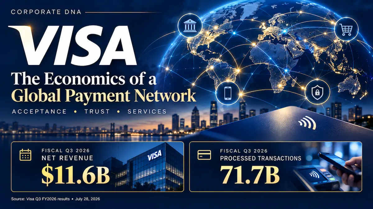 Visa business model and global payment network, showing fiscal Q3 2026 net revenue of $11.6 billion and 71.7 billion processed transactions.